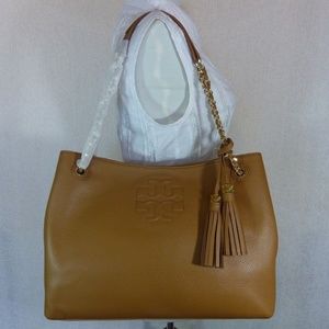 Tory Burch Bark Brown Pebbled Leather Thea Chain Slouchy Tote